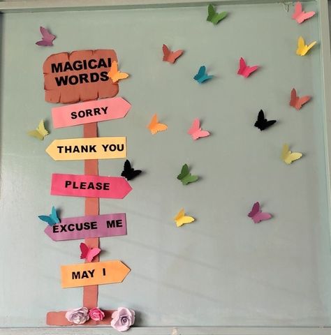 Magic Words For Classroom Decoration, Soft Board Decoration Ideas For Preschool, Magic Words Chart, Magical Words Chart For Kids Classroom, Magic Words For Kids Classroom, Magic Words Classroom Decoration, Class Wall Decoration Ideas, School Wall Art Ideas Classroom, Soft Board Decoration