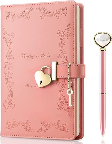 Mousbull Lock Diary with Key and Pen for Girls, 192 Pages Vintage Leather Heart Shaped Journal Notebook with Lock and Diamond Pen, A5 Cute Locked Secret Diaries for Women (Pink) Notebook With Lock, Coquette Heart, Lock Diary, Diary For Girls, Journal With Lock, Diary With Lock, Cute Diary, Diamond Pen, Leather Heart