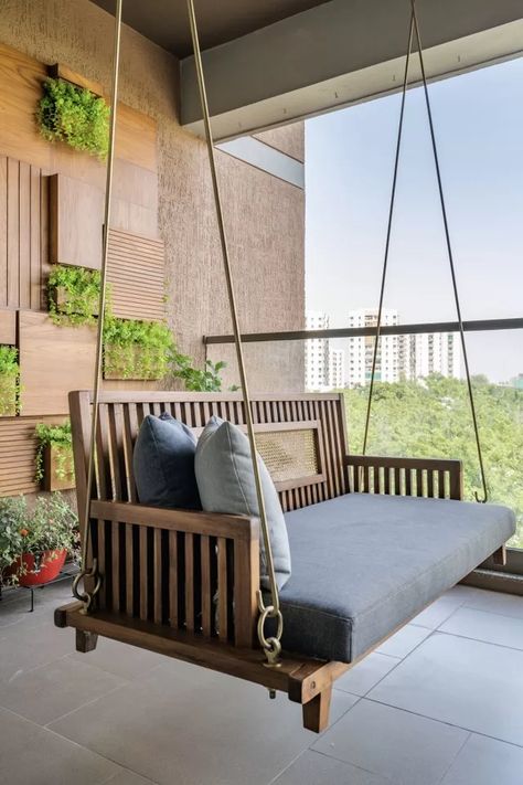 Swings For Home, Balcony Swing, Living Room Wall Designs, Flat Decor, Wooden Swing, Modern Small House Design, Swing Design, Smart Home Design, Wooden Swings