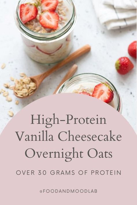 These protein and fiber packed Vanilla Cheesecake Overnight Oats can be a perfect grab-and-go snack, dessert, or healthy breakfast! They satisfy your sweet tooth while also giving a healthy boost of energy. Try these out! High Protein Bariatric Recipes, Cheesecake Overnight Oats, Overnight Oats Recipe Easy, Best Overnight Oats, Healthy High Protein Breakfast, Best Overnight Oats Recipe, Protein Overnight Oats, Overnight Oatmeal Recipes, Protein Cheesecake