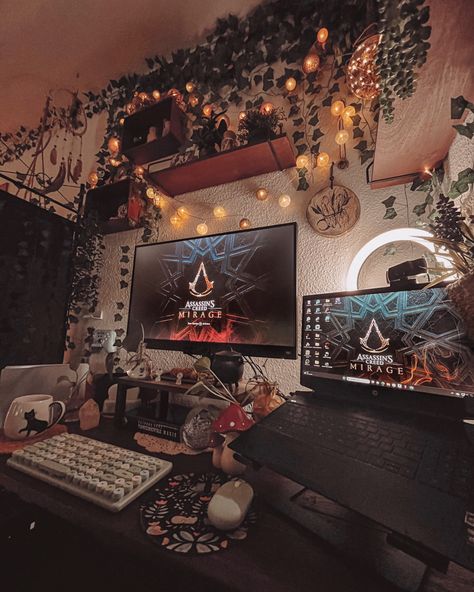 Alt Gaming Setup, Aesthetic Desk Set Up, Gothic Gaming Setup, Cozy Gamer Room, Living Room Gaming Setup, Cozy Desk, Gamer Room Decor, Gaming Setups, Pc Setups