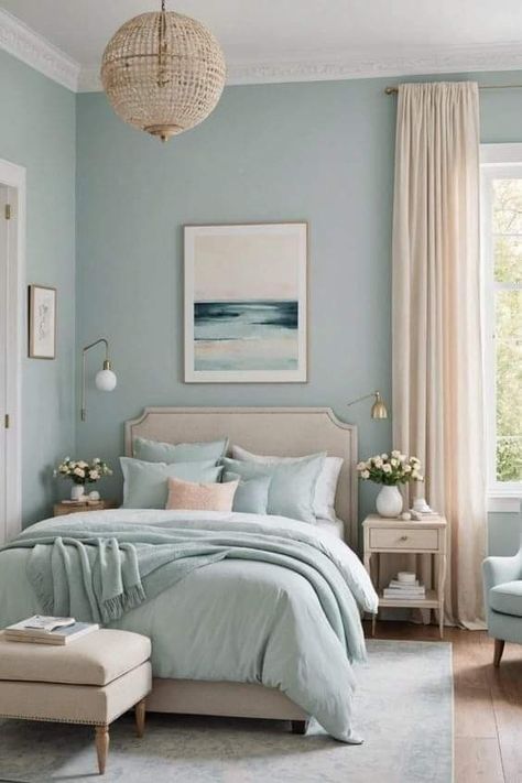 Modern Pastel Bedroom, Different Wall Colors, Pastel Bedrooms, Neutral Color Bedroom, Modern Coastal Bedroom Ideas, Pastel Bedroom Ideas, Sage Green Bedroom Ideas, Blue Bedroom Design, Green Bedroom Ideas