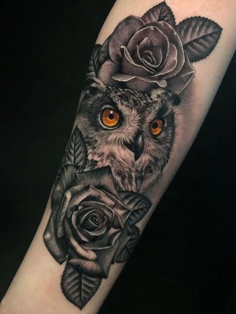 12+ Best Owl and Rose Tattoo Designs | PetPress Owl And Rose Tattoo, Tattoo Brazo Mujer, Tatuaje Cover Up, Owl Skull, Rose Tattoo Meaning, Skull Rose Tattoos, World Famous Tattoo Ink, Rose Tattoo Sleeve, Unusual Tattoo