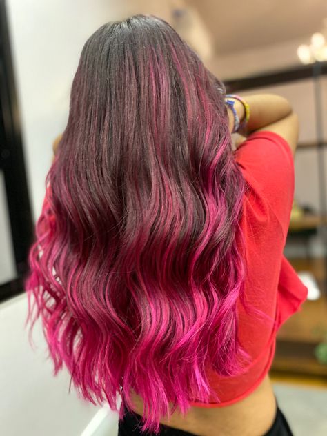 Bright Pink Balayage Brunette, Fun Hair Color Ideas For Brunettes Pink, Light Brown Hair With Pink Tips, Bright Pink Highlights In Brown Hair, Pink Hair Ideas Brunettes, Summer Hair Dye, Pink Peekaboo Hair, Brown And Pink Hair, Pink Hair Highlights