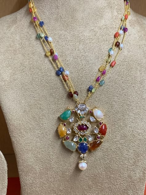 Navaratna Pendants, Navaratna Necklace, Navratna Jewellery, Navratna Necklace, Gold Bridal Necklace, Gold Jewelry Outfits, Diamond Wedding Jewelry, Pearl Jewelry Design, Antique Jewellery Designs