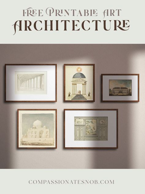 Inspired by the House and Garden series “Things To Put In Frames”, I’ve curated some gorgeous free printable art depicting architecture that you can download and print at home! Architectural graphics are so beautifully timeless and elegant. They fit wonderfully in a living or dining room setting. They look great on their own or combined in a themed gallery wall like shown. Free Architecture Printables, Free Museum Prints, Gallery Wall Art Prints Free Printable, Themed Gallery Wall, Free Art Download, Architecture Prints, Gallery Wall Printables, Architectural Graphics, Gallery Wall Layout