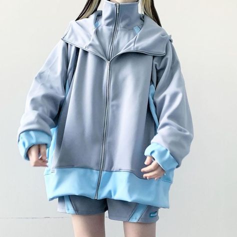 Cybercore Jacket, Blue Techwear, Pastel Techwear, Tenshi Kaiwai Fashion, Cybercore Clothes, Cybercore Fashion, Cybercore Outfit, Frutiger Aero Outfits, Techwear Fashion