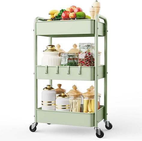 Amazon.com : LEHOM 3 Tier Rolling Storage Cart, Metal Trolley Utility Cart with Wheels & Hooks, Easy Assembly Organizer Storage Cart for Bathroom Kitchen Office Bedroom (Green) : Office Products Cart For Bathroom, Organization Cart, Rolling Utility Cart, Craft Cart, Cart With Wheels, Rolling Storage Cart, Office Color, Storage Trolley, Utility Storage