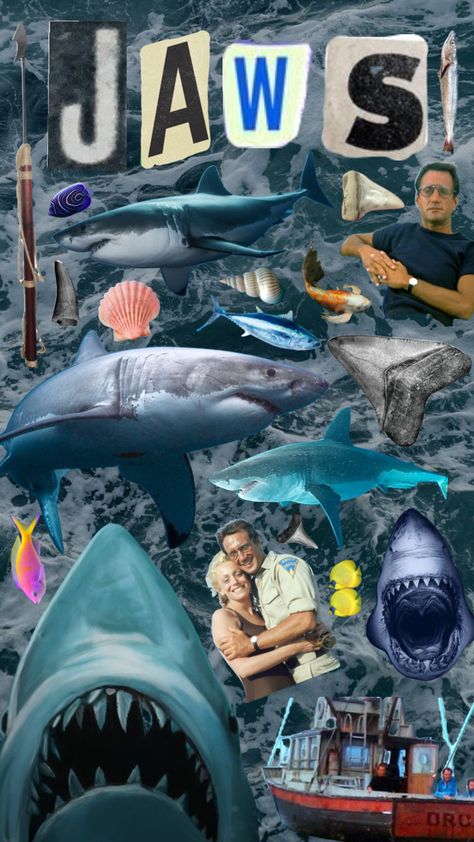 Sharks Aesthetic, Jaws Film, Jaws 3, Jaws Movie, Mermaid Glitter, Lip Gloss Collection, Collage Wallpaper, Retro Horror, Fruit Stands