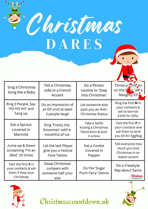 Christmas Dares Christmas Truth Or Dare Questions, Christmas Dares Game, Christmas Truth Or Dare, Silly Christmas Games, Christmas Dares, School Christmas Party Games, Fun Christmas Games For Adults, Games To Play At Christmas, Free Christmas Games