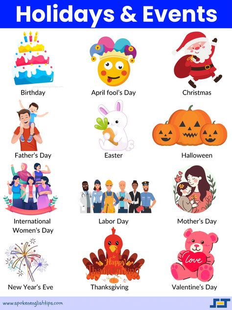 We do often celebrate holidays in our lives and there are lots of holidays celebrated in the world. In today's post, we will study the list of holidays List Of Holidays By Month, Christmas In India For Kids, Symbols Of Christmas For Kids, My Holidays Worksheet, My Holiday Essay, American English Words, List Of Holidays, Christmas Tree Poinsettia, Summer Vocabulary