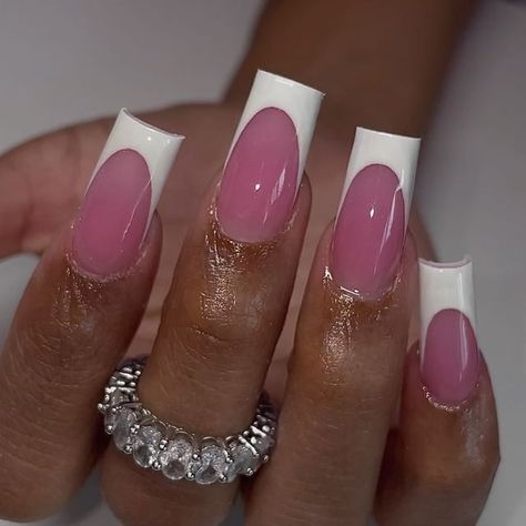 KNEIAMYA ✨ ACRYLIC NAILS AND TOES ✨ (@nailed.by.myaa) • Instagram photos and videos Classic White Tip Nails, Pink Acrylic With White French Tip, White Pink French Nails, French Tip Nails Dark Pink, Pink Acrylic With White Tip, Pink And White French Tip Acrylic Nails, Unique French Tips Almond, White French Tips With Pink Base, Pink And White French Acrylic Nails