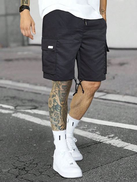 Black Street Collar  Fabric Plain Straight Leg Embellished Non-Stretch  Men Clothing Mens Long Shorts Outfits, Mens Cargo Shorts Outfit, Cargo Shorts Men Outfits, Mens Layering Outfits, Cargo Shorts Outfit, Mens Linen Outfits, Mens Long Shorts, Long Sleeve Shirt Outfits, Mens Cargo Shorts