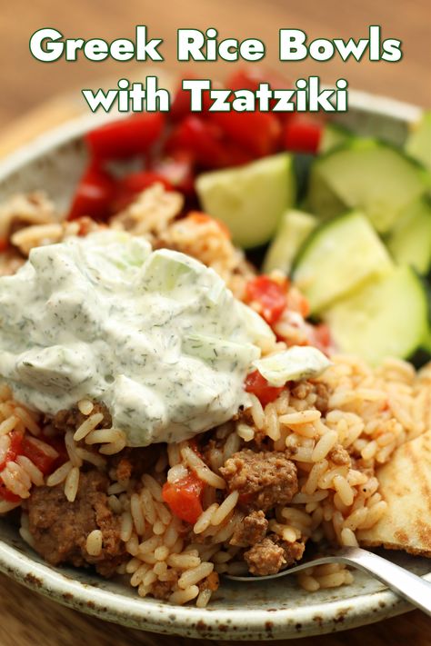 Instant Pot Gyro Casserole--ground meat seasoned with greek seasoning, rice and tomatoes served with creamy yogurt cucumber sauce and fun toppings like feta cheese. A fresh, fun and easy way to enjoy Greek flavors. Gyro Casserole, Seasoning Rice, Cucumber Sauce, Greek Gyros, Creamy Yogurt, Crock Pot Recipe, Greek Seasoning, Greek Flavors, Instant Pot Dinner Recipes