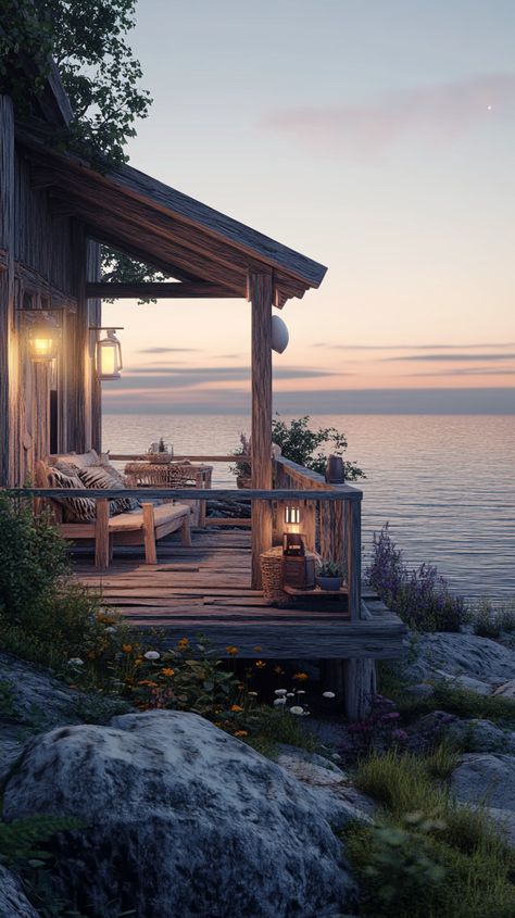 Description: A charming seaside cottage with a deck facing the ocean. Seaside Cottage Aesthetic, Small Beach House, Cozy Beach Cottage, Seaside Cottages, Sea Cottage, Rustic Beach House, Coastal Cabin, Small Beach Houses, Cottage Aesthetic