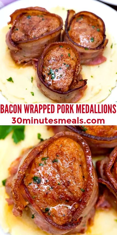 Bacon Wrapped Pork Tenderloin Filets, Pork Tenderloin Wrapped In Bacon Recipes, Bacon Wrapped Pork Tenderloin Medallions, Pork Tenderloin Slices Recipes, Pork Loin Medallions Recipes, Sliced Pork Tenderloin Recipes, Pork Tenderloin Bacon Wrapped, Pork Tenderloin Medallion Recipes, Bacon Wrapped Pork Medallions