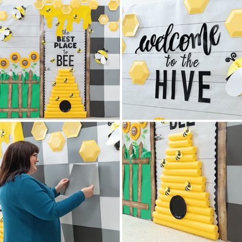 Fun365 | Fun365 Bumble Bee Classroom, Bee Theme Bulletin Board, Bee Bulletin Boards, Teacher Appreciation Door Decorations, Bee Classroom Decor, Bumble Bee Decorations, Teacher Appreciation Doors, Bright Classroom, Bee Themed Classroom