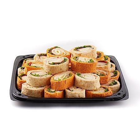 Member's Mark Assorted Pinwheel Wraps Party Tray - Sam's Club Club Pinwheels, Sandwiches Party Tray, Cheese Party Trays, Pinwheel Wraps, Party Food Trays, Tapas Platter, Chicken Pinwheels, Party Tray, Sushi Party