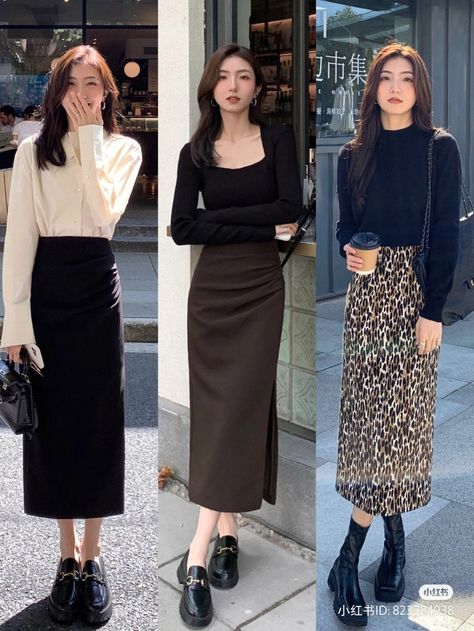 Long Skirt Outfits For Work Business Casual, Asian Midi Skirt Outfits, Long Black Skirt Office Outfit, Turtle Neck And Long Skirt Outfit, Midi Skirt Outfit Hijab, Korean Outfits Skirts Long, Business Casual Long Skirt, Korean Style Skirt Long, Long Skirt Outfits For Work