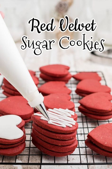 Red Velvet Sugar Cookies Recipe, Red Velvet Sugar Cookies, Velvet Sugar Cookies, Valentines Day Cookie Recipe, Red Velvet Cookie Recipe, Red Velvet Desserts, Red Velvet Flavor, Valentine Cookies Decorated, No Bake Sugar Cookies