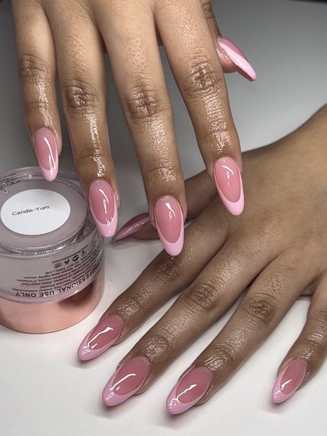 Jelly Pink French Nails, Pink Base Pink French Tip, Pink Colored French Tip Nails, Almond French Tip Nails Pink Base, Dark Pink French Tip Nails Almond, Oval Shape Acrylic Nails, Pink French Tip Nails With Pink Base, Deep Pink French Tip Nails, Pink Reverse French Nails