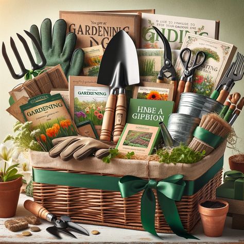 A gardening gift basket can be a hit for those with a green thumb. Include gardening tools, gloves, seed packets, and a decorative plant pot. A gardening book or a subscription to a gardening magazine can provide inspiration for their next project. Herbs Gift Ideas, Garden Auction Basket, Gardening Auction Basket, Garden Gift Basket Ideas Easy Diy, Selfcare Gift Basket Ideas, Garden Raffle Basket, Plant Gift Ideas Diy, Garden Basket Gift, Book Gift Basket Ideas