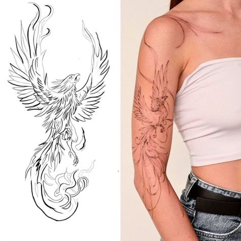 Pretty Tattoos For Women Ribs, Phoenix Tattoo Placement, Phoenix Tattoo With Flames, Phönix Tattoo Women Arm, Pheonix Tattoo For Women On Arm, Phoenix Arm Tattoo For Women, Rising Phoenix Tattoo Feminine Arm, Phoenix Tattoo Feminine Arm, Phoenix Tattoo Shoulder