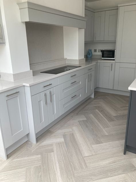 Karndean Flooring Grey Brushed Oak Large Herringbone Karndean Grey Limed Oak, Karndean Flooring Kitchen, Herringbone Wood Floor Kitchen, Contemporary Flooring Ideas, Luxury Vinyl Flooring Kitchens, Grey Herringbone Floor, Herringbone Floor Kitchen, Gray Herringbone Floor, Downstairs Flooring