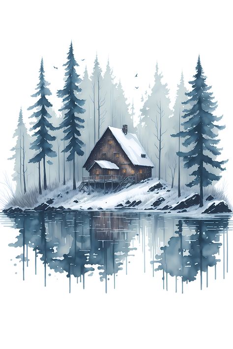 Step into a picturesque winter wonderland with this captivating watercolor painting. A snowy landscape unfolds before your eyes, adorned with glistening snowflakes and a pristine lake reflecting the serene beauty of the surroundings. Nestled amidst this winter paradise, a cozy cabin invites you to imagine the warmth of crackling fireplaces and the joy of shared moments with loved ones. Winter Painting Watercolor, Winter Landscape Watercolor Painting, Winter Scapes Painting, Watercolor Winter Art, Snowy Drawing, Winter Abstract Painting, Winter Wonderland Christmas Art, Winter Season Painting, Winter Art Aesthetic