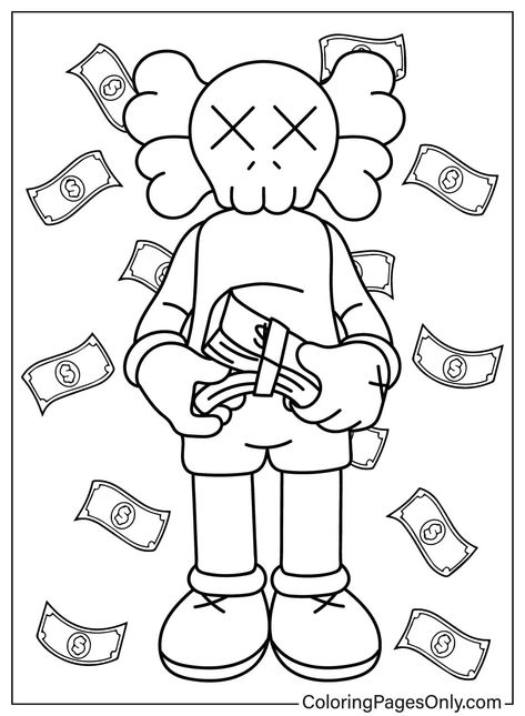 Kaws Money Tattoo, Kaws Drawing Sketch, Drawing Ideas Kaws, Canvas Outline Ideas, How To Draw Kaws, Kaws Coloring Pages, Kaws Art Drawing, Kaws Outline, Kaws Drawing