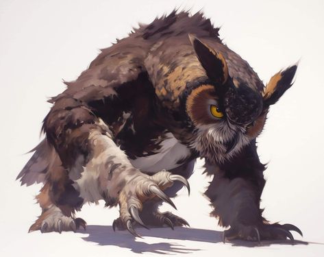 Fantasy Mounts Concept Art, Fantasy Animal Hybrids, Monster Reference Drawing, Owlbear Tattoo, Fantasy Animal Concept Art, Owling Dnd, Owlbear Art, Monster Hunter Concept Art, Owl Monster