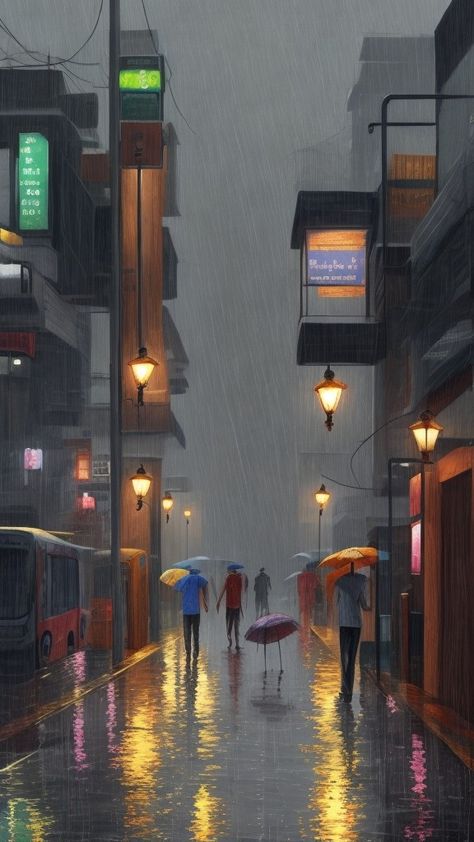 Rainy Season Drawing Scenery, Night City Illustration, Rainy Season Drawing, Delhi Rain, Beautiful Scenery Drawing, City Rain, Drawing Scenery, Rainy City, Rain Painting