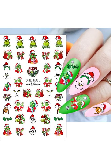 6 Sheets Christmas Nail Art Stickers Decals 3D Self-Adhesive Nail Sticker Cartoon Green Monster Design Nail Decals Winter Xmas Nail Art Supplies for Women DIY Christmas Manicure Decorations The Grinch Nail Art, Xmas Manicure, The Grinch Nails, Grinch Nail Art, Monster Nails, Light Colored Nails, Acrylic Nail Supplies, Fun Manicure, Green Cartoon