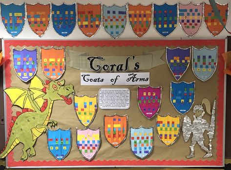 Coat of arms- Knights and castles topic display board- weaving paper- reception class