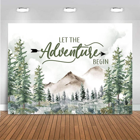 Adventure Awaits Baby Shower, Baby Shower Background, Woodland Baby Shower Decorations, Forest Baby Showers, Adventure Baby Shower, Boy Baby Shower Ideas, Baby Shower Photography, Let The Adventure Begin, Forest Baby