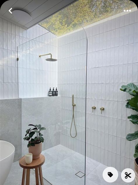 Wet Room With Bench, Raked Ceiling Bathroom, Neutral Tiles Bathroom, Loft Wetroom, Shaving Ledge In Shower, Skylight Bathroom, Freestanding Basin, Bathroom 2024, Window In Shower