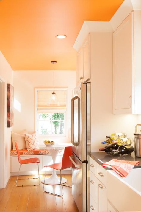 Orange And White Kitchen, Orange Kitchen Walls, Orange Cabinets, Orange Accent Walls, Bold Kitchen, Orange Rooms, 1920s House, Grey Countertops, Nordic Living Room