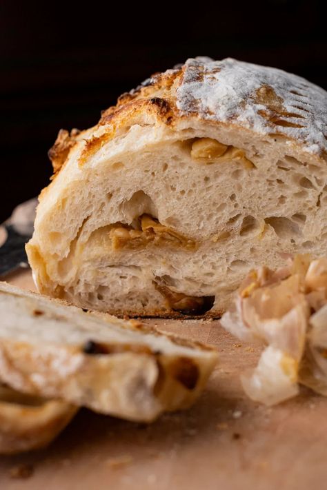 Perfectly fluffy sourdough bread studded with velvety smooth morsels of roasted garlic in every slice. The roasted garlic adds a savory depth to the sourdough, creating a deliciously aromatic bread. Roasted Garlic Sourdough, Garlic Rosemary Sourdough Bread, Fluffy Sourdough Bread, Sourdough Garlic Bread, Garlic Sourdough Bread, Garlic Sourdough, Bread Roast, Garlic Cheddar, Multi Grain Bread