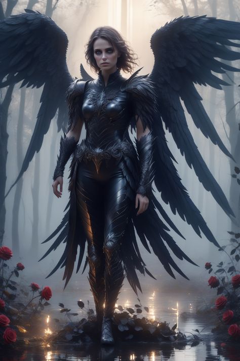 female fallen angel with black wings in a foggy swamp Female Fallen Angel, Angel With Black Wings, Foggy Swamp, Female Angel, Female Samurai, Black Wings, Dark Angel, Angel Art, Cosplay Ideas