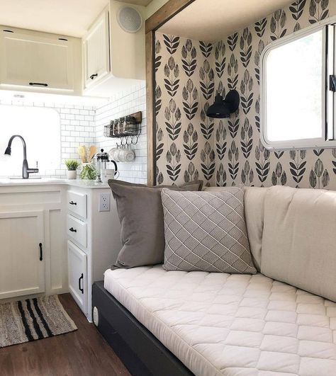 Cozy RV Renovation Wallpaper In Rv Accent Walls, Wallpaper Rv Interior, Rv Wallpaper Makeover, Rv Wallpaper Ideas, Camper Wallpaper, Rv Wallpaper, Trailer Makeover, Rv Interior Design, Horse Trailer Living Quarters