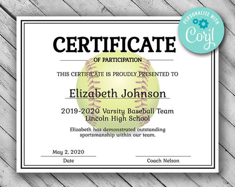 Girls Editable Softball Certificate - Instant Download Template Volleyball Certificates Printable Free, Softball Awards End Of Season Funny, Baseball Certificate Free Printable, Softball Certificate Awards, Softball Awards, Elizabeth Johnson, Free Rewards, Sports Banquet, Awards Certificates Template