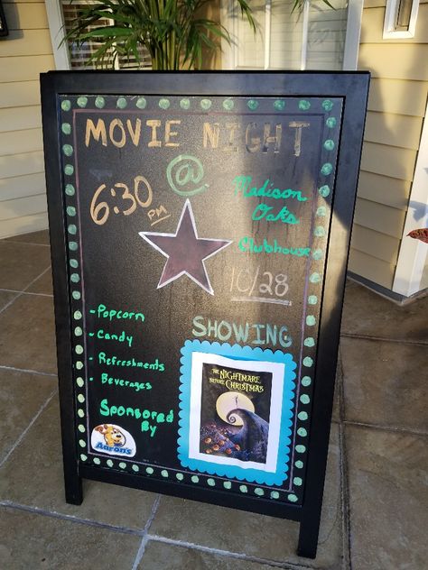 Christmas Outdoor Movie Night, Movie Night Sign, Diy Movie Night, Blackboard Drawing, Christmas Movie Night, Framed Chalkboard, Outdoor Movie, Movie Nights, Chalkboard Art