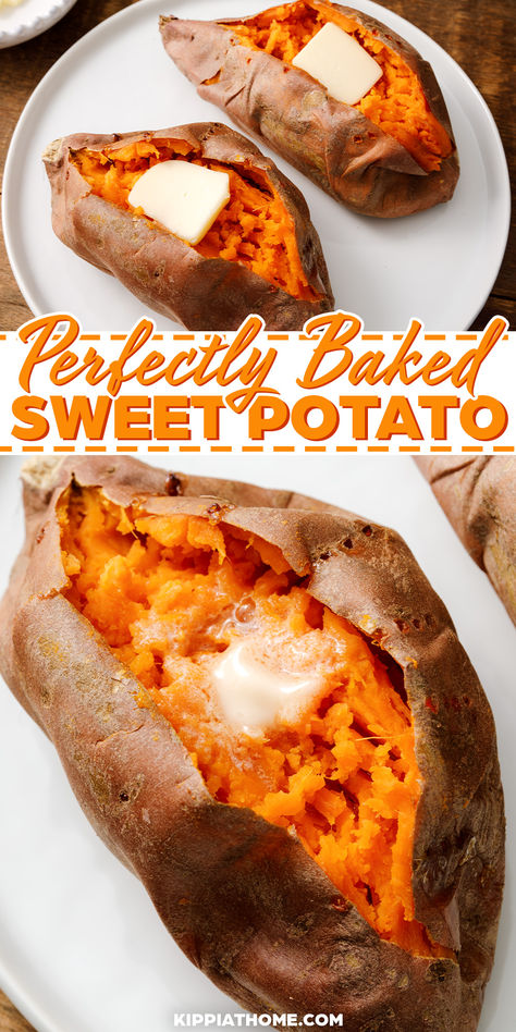 baked sweet potatoes with a pat of butter Side Dish With Sweet Potatoes, Best Way To Bake Sweet Potatoes, Sweet Potato Recipes In Oven, Perfect Sweet Potato, Recipes With Baked Sweet Potatoes, One Sweet Potato Recipe, How To Make Baked Sweet Potatoes, Baking A Sweet Potato In The Oven, Easy Roasted Sweet Potatoes