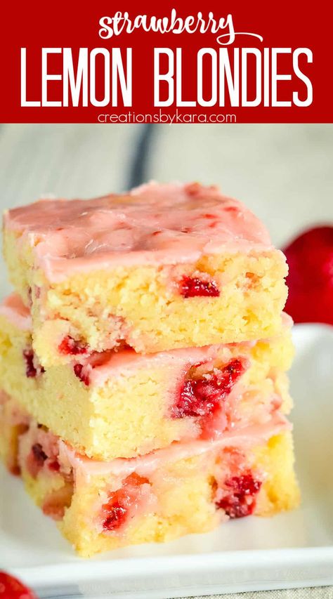 Got fresh strawberries? These STRAWBERRY LEMON BLONDIES are soft, moist, and bursting with juicy berries and fresh lemon flavor! A strawberry lemon glaze makes them irresistible. #strawberrylemon #strawberryblondies @Creations by Kara Essen, Strawberry Lemon Bars Recipes, Strawberry Healthy Dessert, Lemon Strawberry Desserts, Strawberry Lemon Brownies, Strawberry Lemon Desserts, Strawberry Blondies Recipe, Lemon Blondies Recipe, Strawberry Blondies