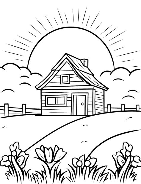 Farm Easy Drawing, Drawing Sheets Free Printable, Coloring For Kids Free Printables, Free Kids Coloring Pages Printables, Morning Scenery Drawing, Farmhouse Drawings, Free Printable Coloring Pages For Kids, Easy Colouring Pages, Drawing Pages For Kids