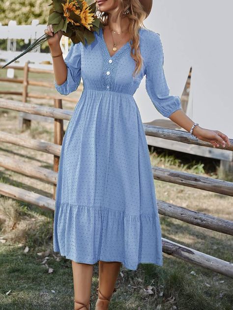 Swiss Dot Lace Detail Fake Button Lantern Sleeve Ruffle Hem Dress | SHEIN USA Women's Fashion Dresses Casual Simple, Wedding Party Outfits, Vestidos Vintage, Ruffle Hem Dress, Fashion Dresses Casual, Swiss Dot, Lantern Sleeve, Hem Dress, Lantern Sleeves