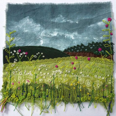 Patchwork Landscape Quilts, Fabric Collage Landscape, Fabric Landscape Art, Deborah Collum, Stitched Landscapes, Abstract Quilting, Fabric Landscapes, Textile Landscapes, Fabric Landscape