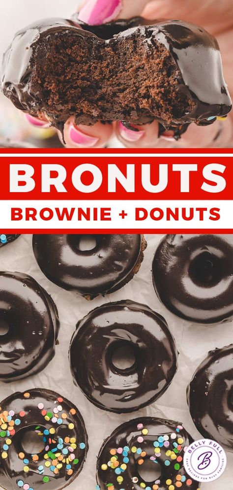 Brownie Donuts (Bronuts) - Belly Full Birthday Cake Donuts Ideas, Fun Donut Flavors, Donut Dessert Ideas, Bronut Ideas, Easy Baked Donuts With Donut Pan, Baked Donuts Recipe Easy, Brownie Donuts Recipe, Baked Donut Recipes With Donut Pan, Brownie Doughnut