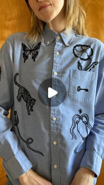 Tessa on Instagram: "Upcycled buttondown with magic symbols 🦚🦢🐆🏺🌷🥚 🥚 🥚 🥚 #embroideredclothing #aquariusseason #sustainablefashion" Tessa Perlow Embroidery, Tessa Perlow, Aquarius Season, Magic Symbols, January 27, Embroidered Clothes, Beautiful Things, Sustainable Fashion, Needlework