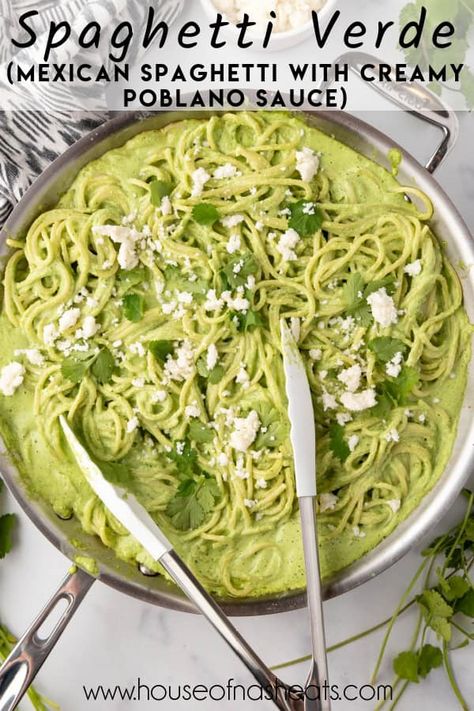 Mexican Green Spaghetti Recipe, Mexican Green Spaghetti, Green Spaghetti Recipe, Spaghetti Verde, Mexican Spaghetti, Mexican Sour Cream, Poblano Sauce, Mexican Side, Baked Spaghetti Casserole